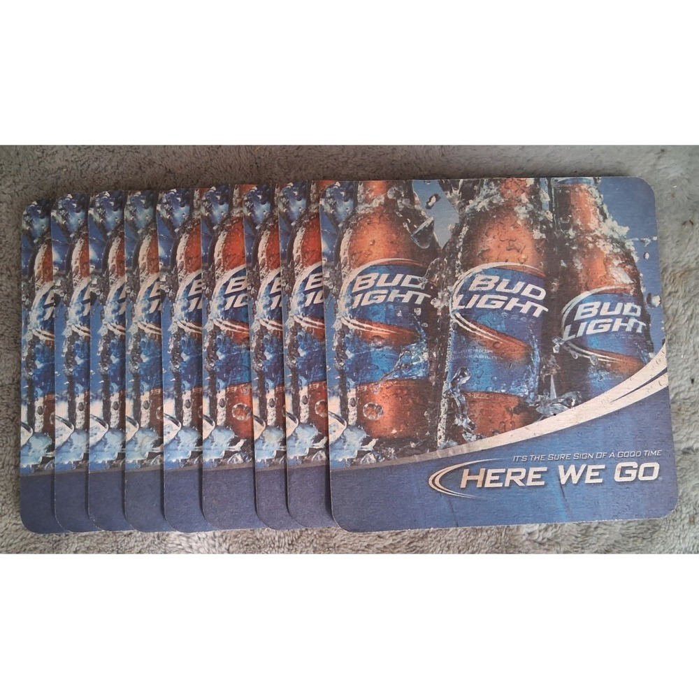 Bud Light Here We Go Beer Coasters Set of 10 Blue Square Barware Breweriana 4x4